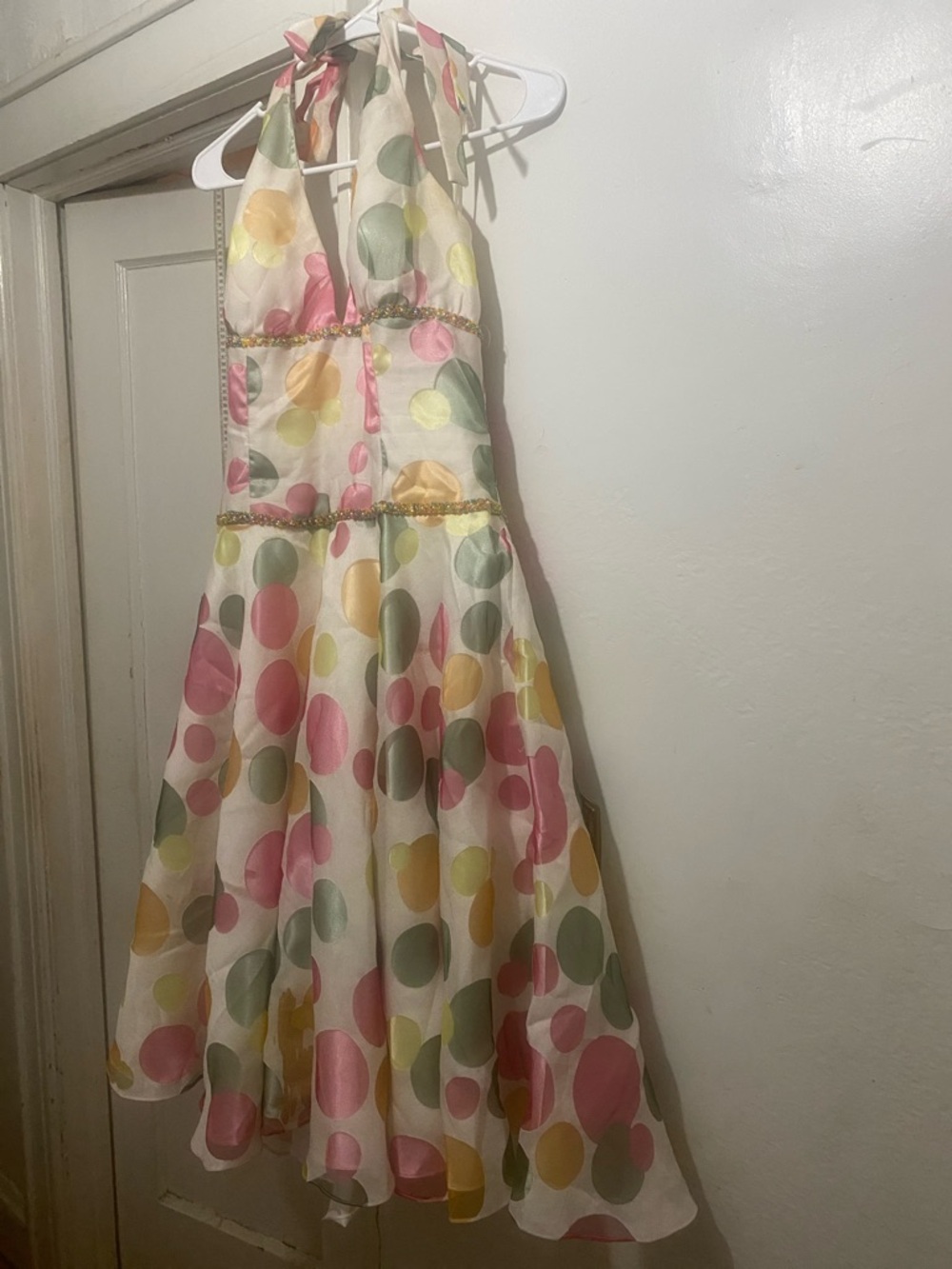 Terani Couture Girls' Halter Dress in Pink, Yellow & Green Polka Dots